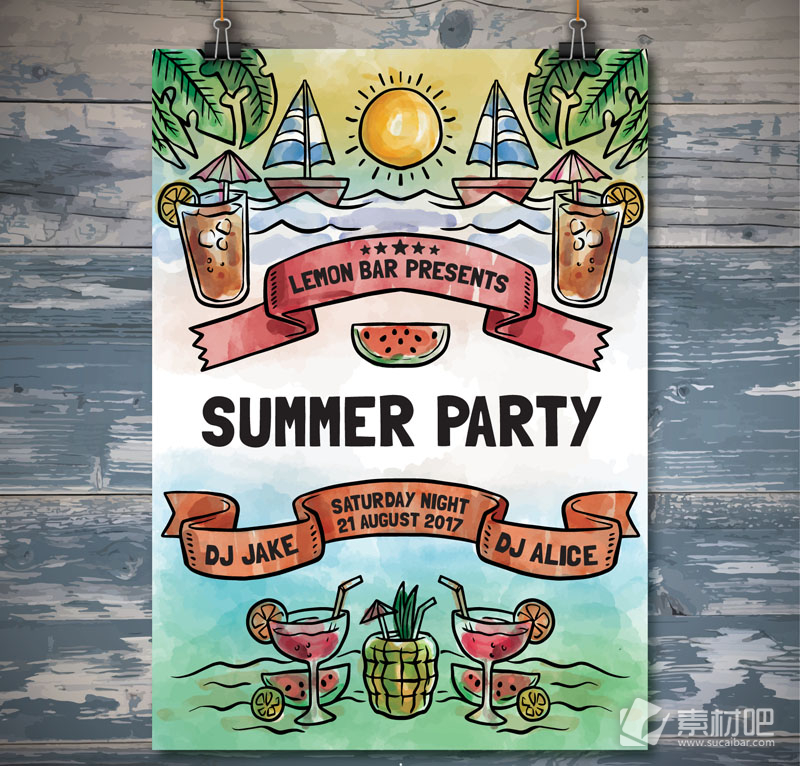彩绘夏季海边派对海报矢量素材