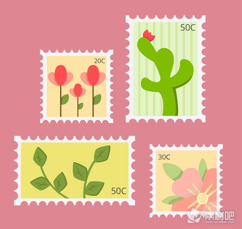 4款创意植物邮票矢量素材