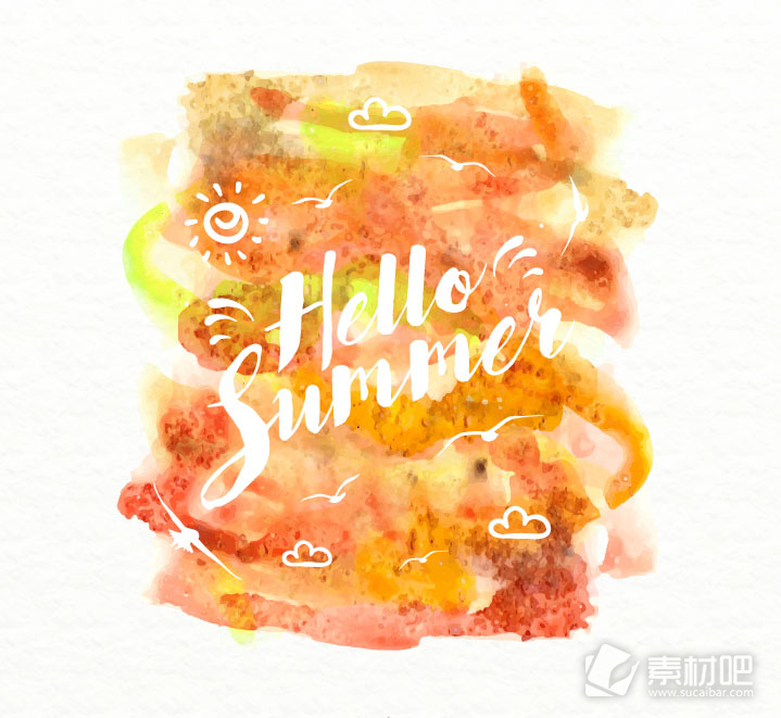 你好夏季橙色水彩海报矢量图