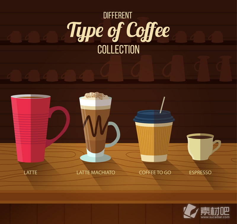 4种扁平化咖啡设计矢量素材