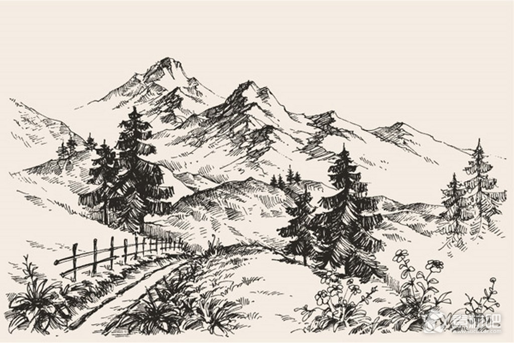 手绘山地景观素描矢量素材
