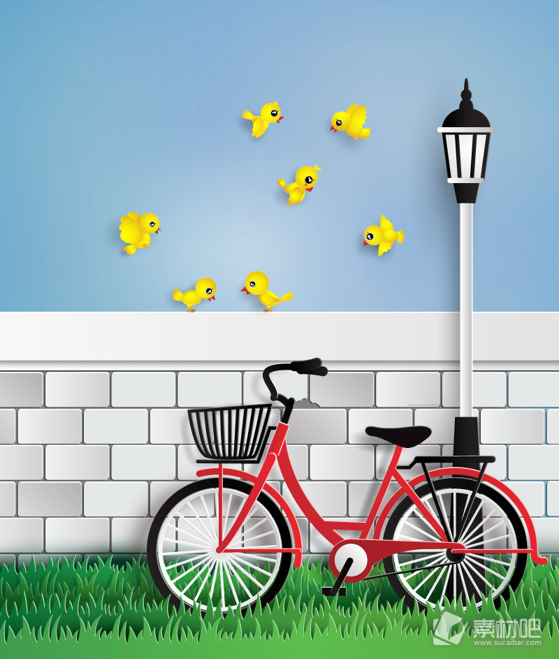 停在墙边的单车和黄色小鸟矢量素材