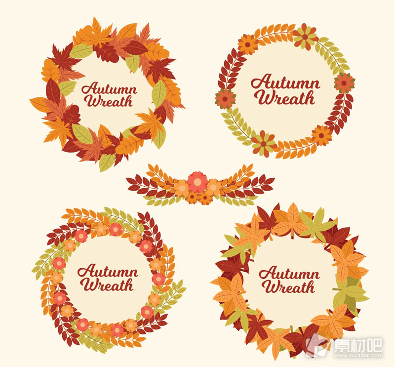 4款创意秋季树叶花环矢量素材