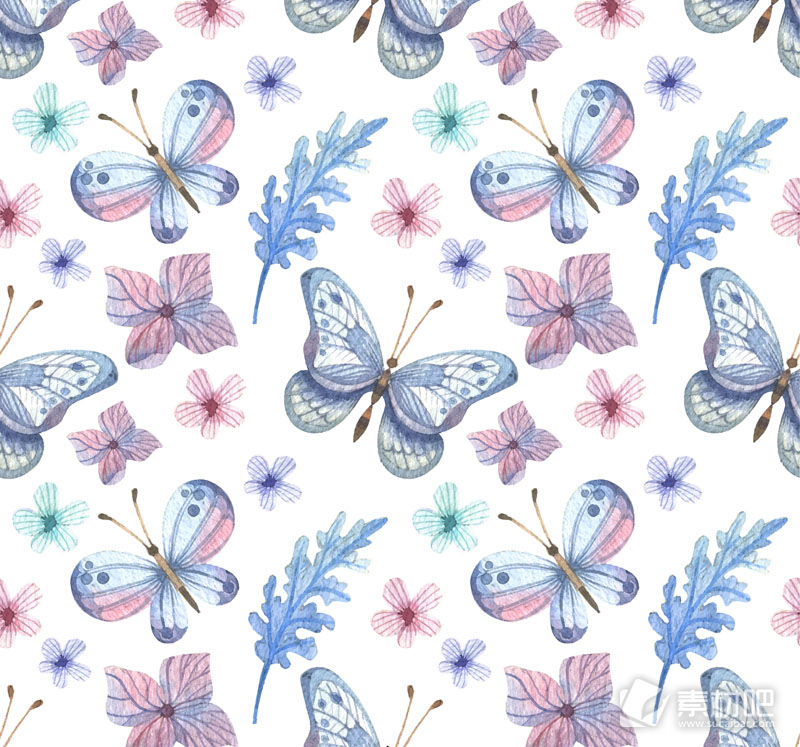 素色蝴蝶和花卉无缝背景矢量图