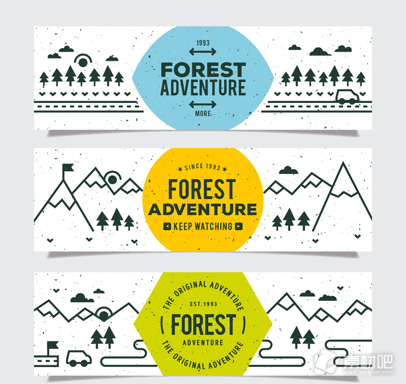 3款手绘森林探险banner矢量图