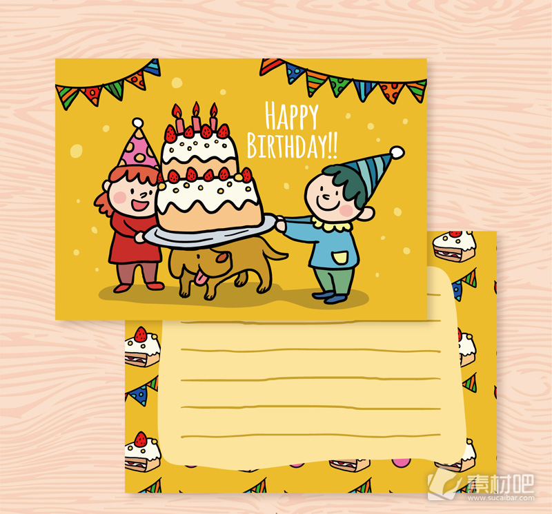 可爱儿童生日祝福卡和小狗矢量素材