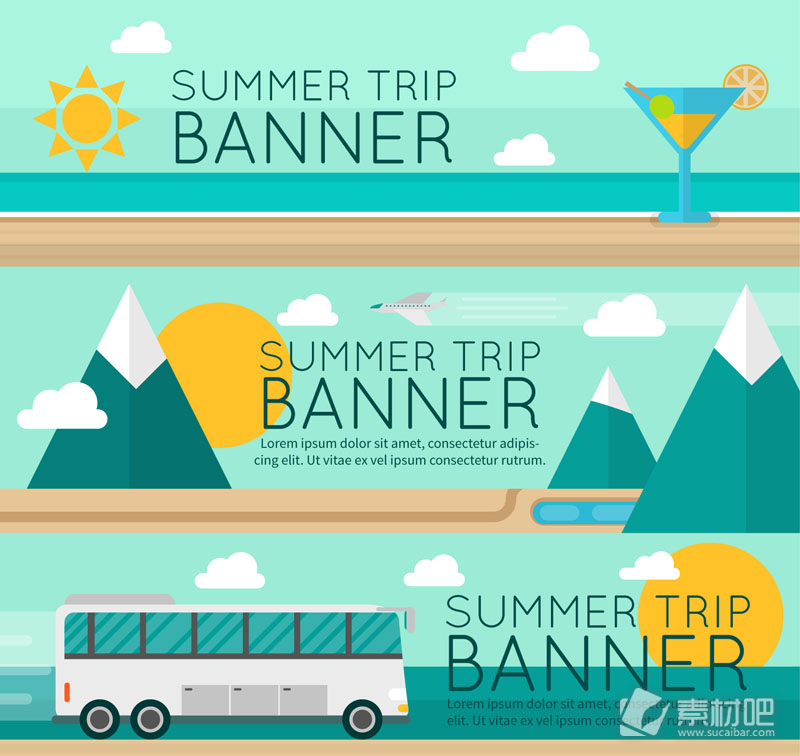 3款创意夏季旅行banner矢量素材