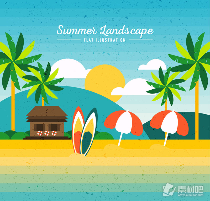 夏季度假沙滩冲浪和椰子树风景矢量素材