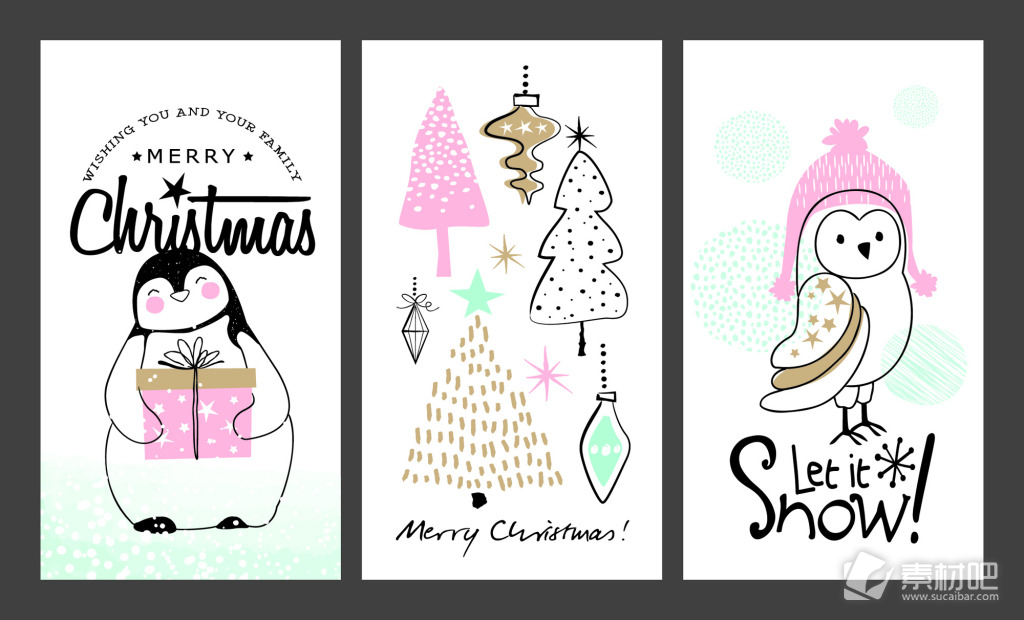卡通动物贺卡线稿圣诞节创意卡片矢量