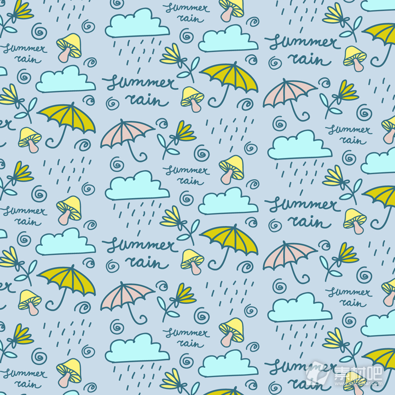 彩绘雨云和雨伞无缝背景矢量素材