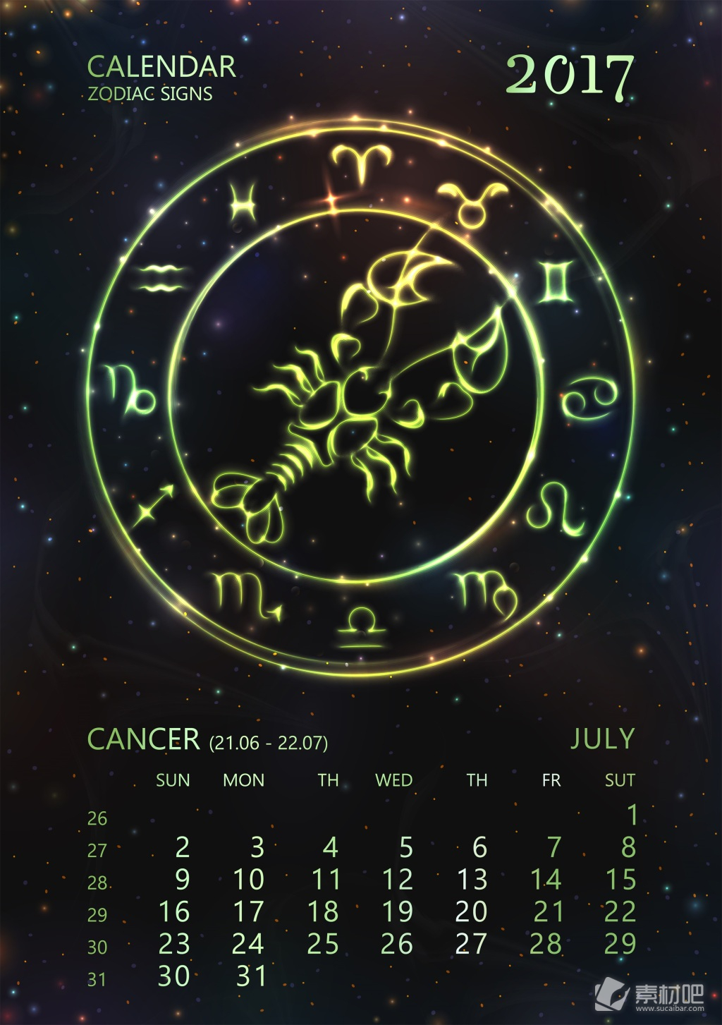 天蝎星座月历卡片矢量素材