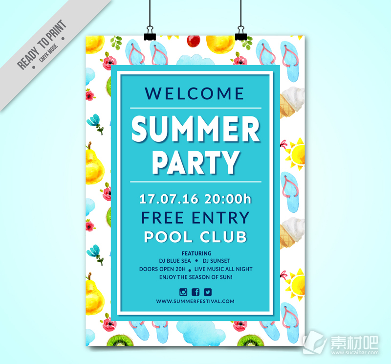 彩色夏季泳池派对海报矢量图