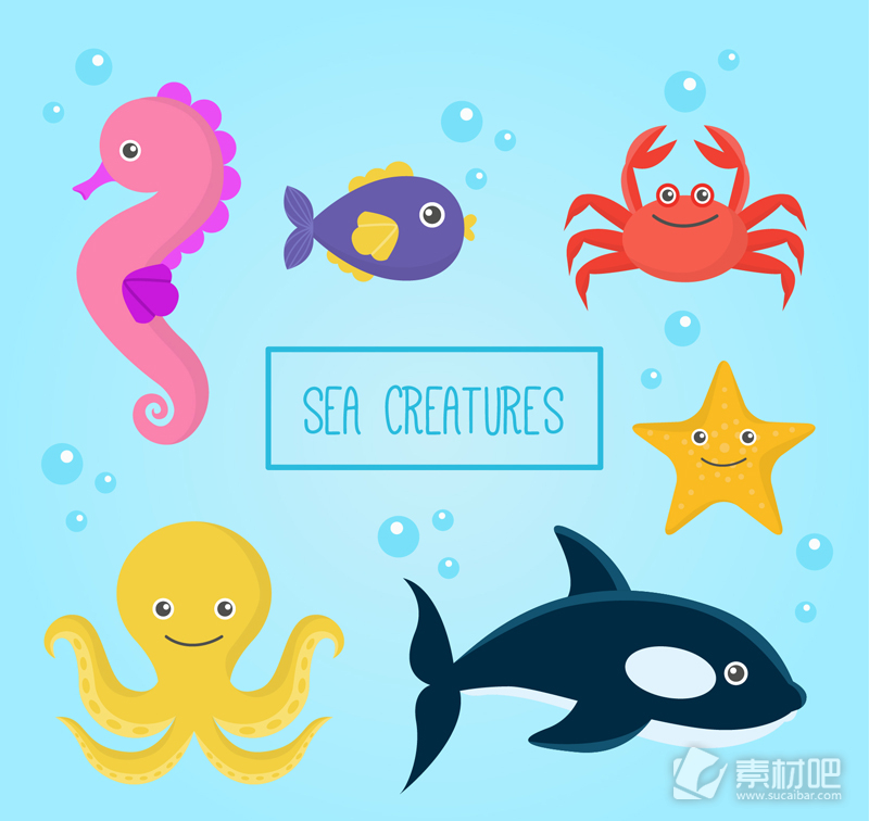 卡通章鱼螃蟹等海洋动物矢量素材