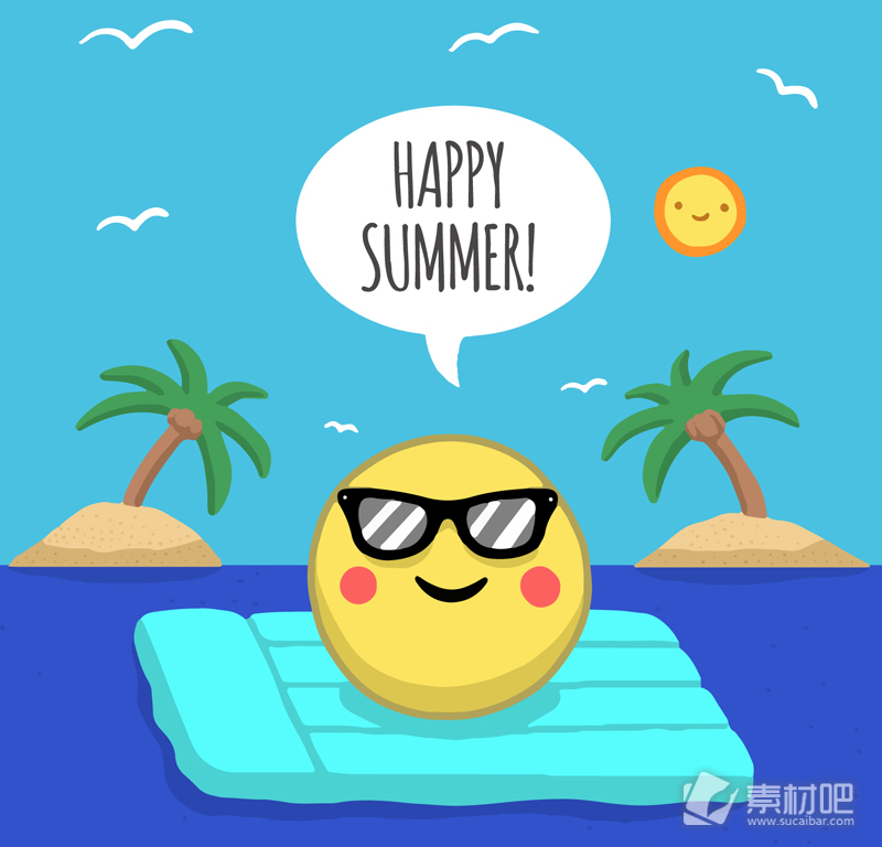 卡通海上度假的夏日太阳矢量素材
