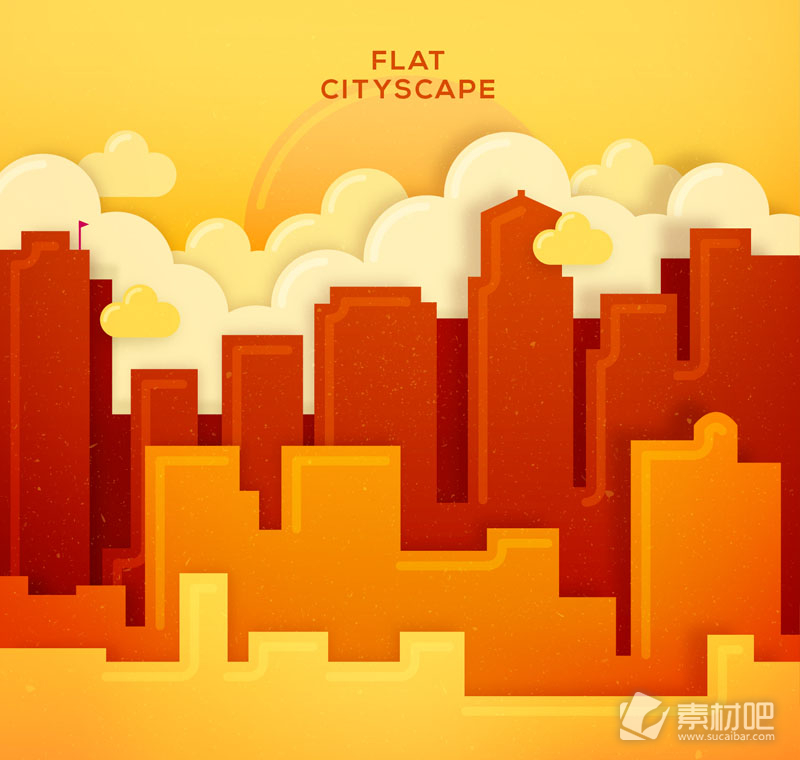 创意橙红色城市建筑风景矢量图