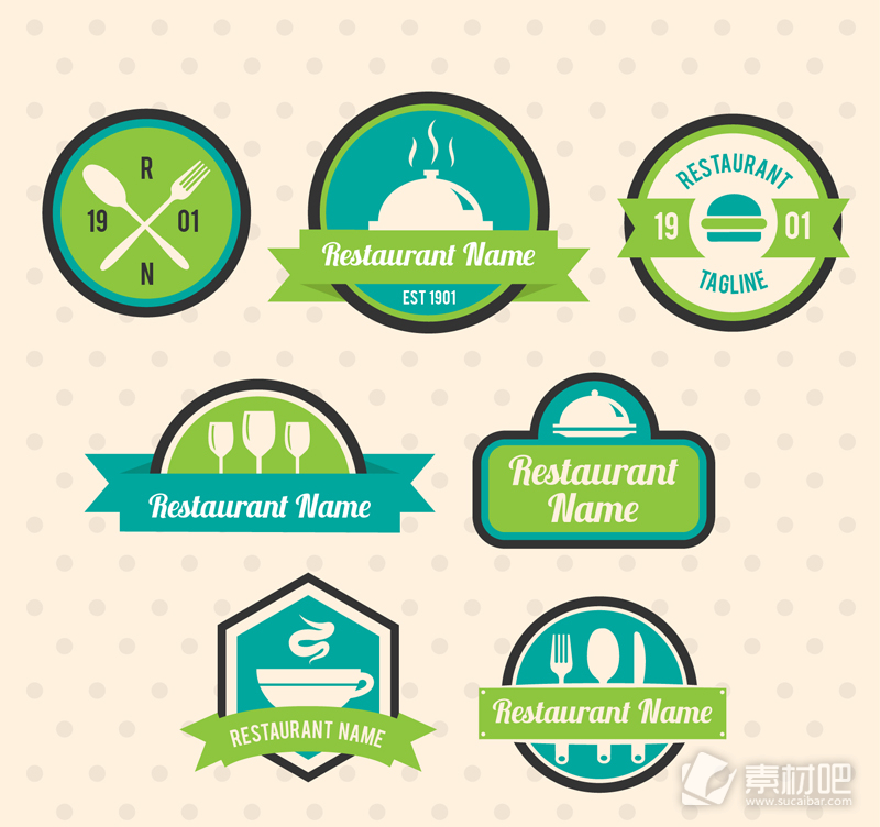 蓝绿色餐馆标签设计矢量素材