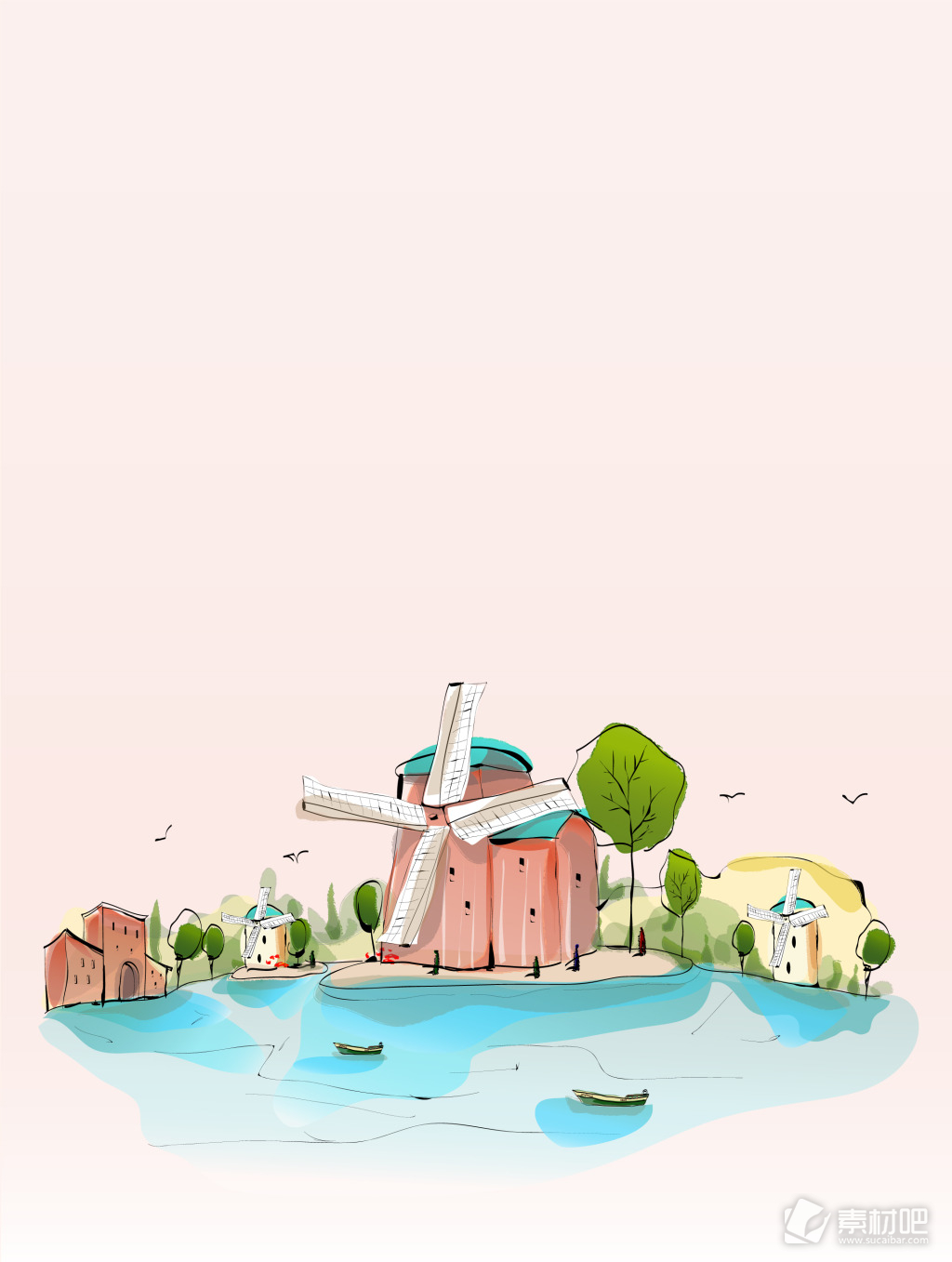 水彩手绘荷兰风车旅游背景素材