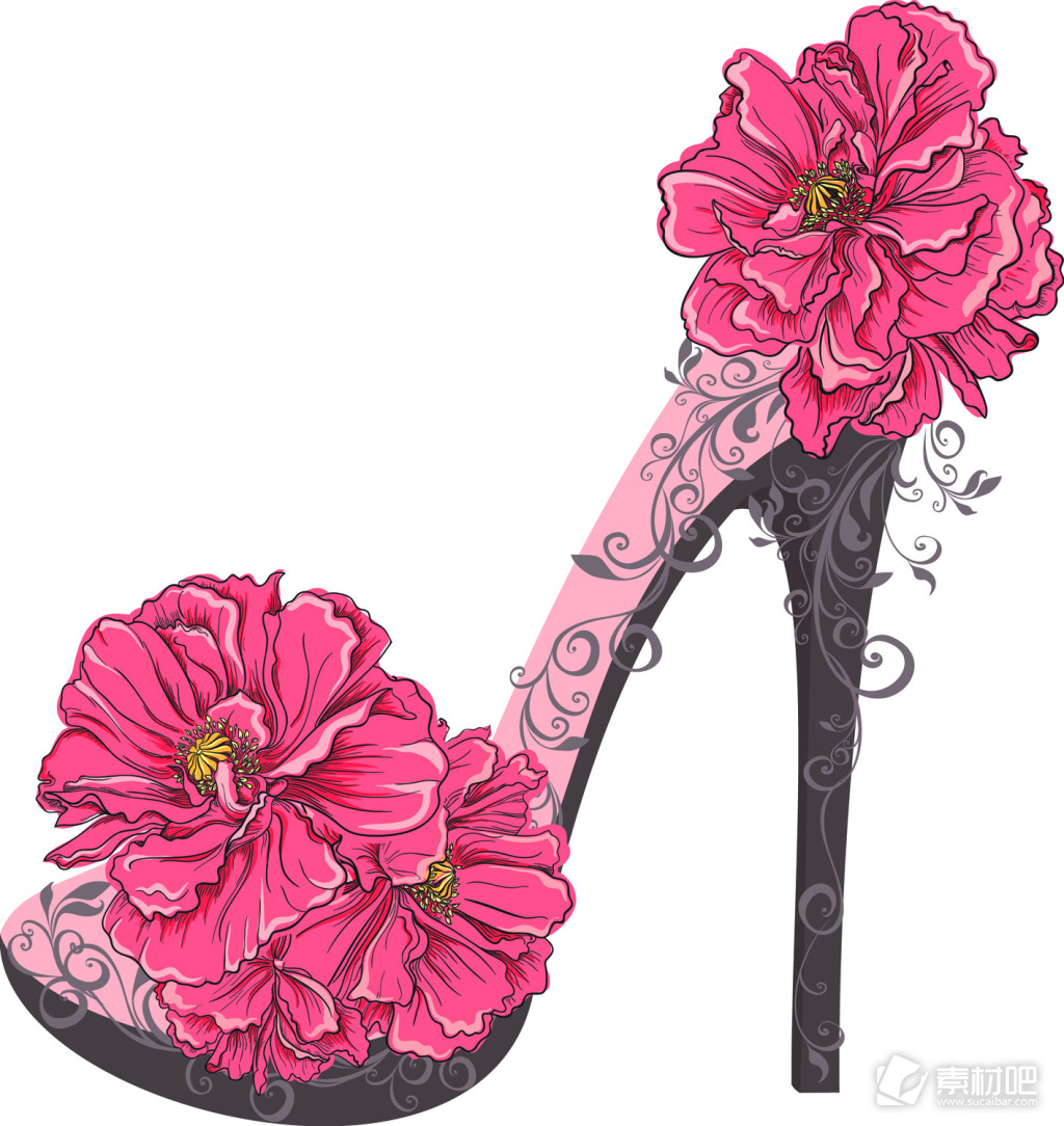 紫色花卉装饰高跟鞋设计矢量