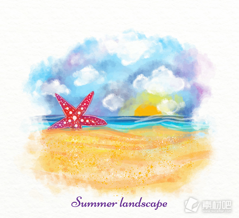 彩绘夏季沙滩上的海星风景矢量图