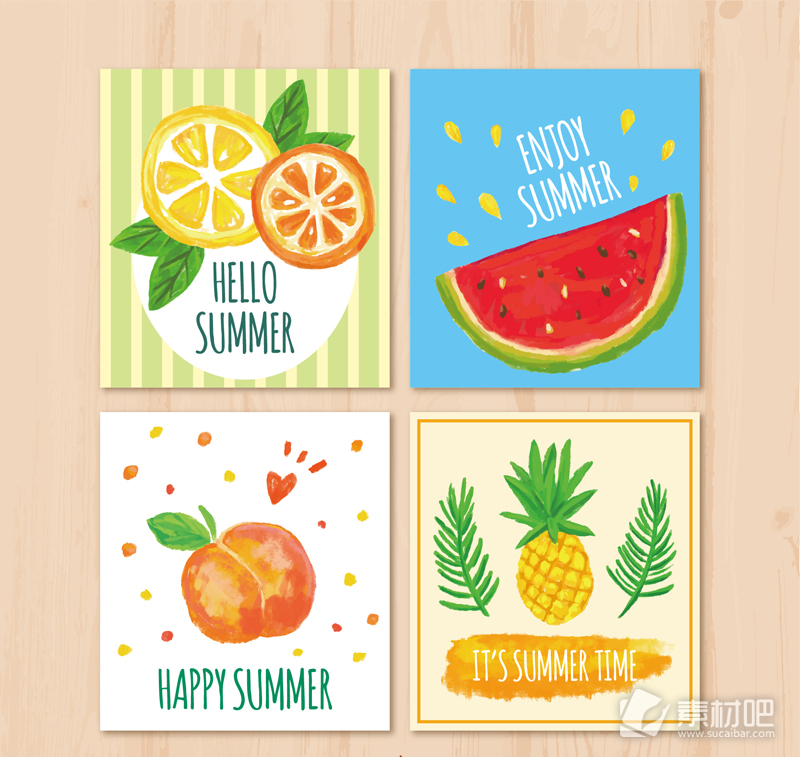 水彩绘夏季水果卡片矢量素材