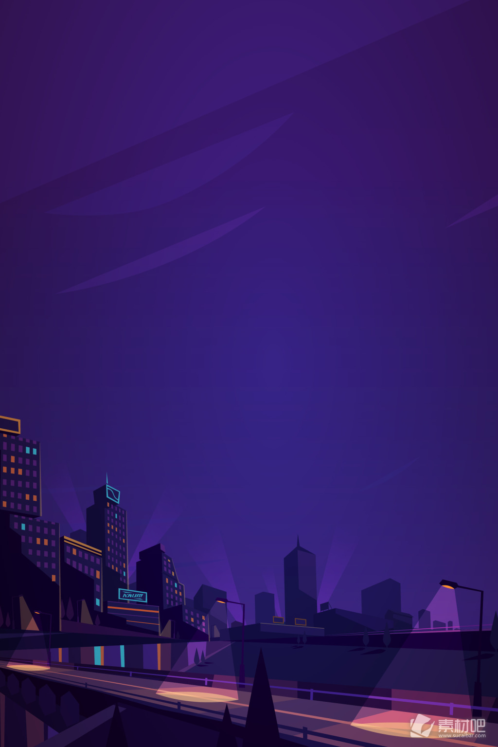 城市夜景矢量图 矢量卡通唯美城市夜景霓虹背景 素材吧