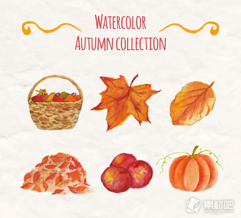 6款水彩绘秋季元素矢量素材
