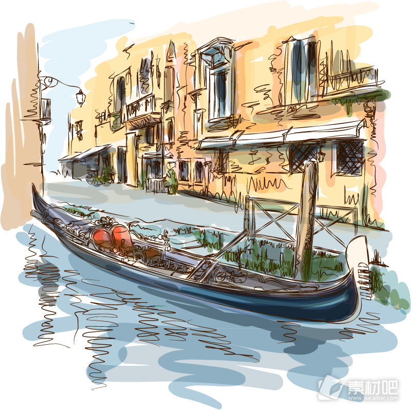 彩绘威尼斯水城风景矢量素材