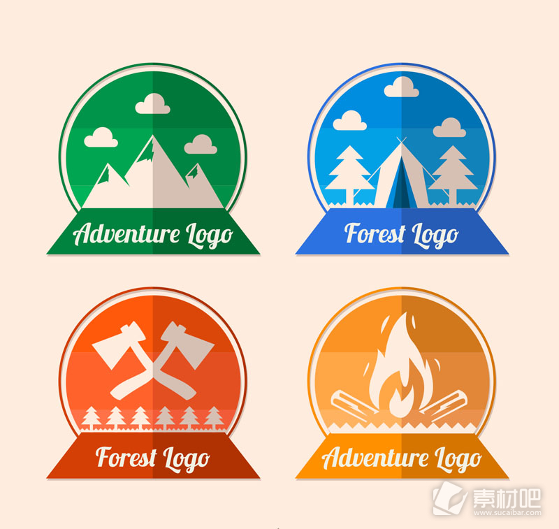 4款彩色森林探险标志矢量素材