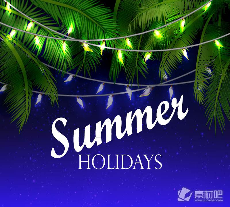 夏日假期彩灯串装饰的棕榈树矢量图