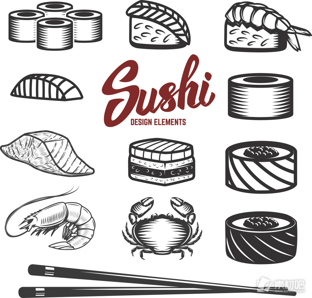 黑白手绘寿司美食插画
