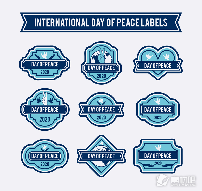 9款蓝色国际和平日标签矢量图
