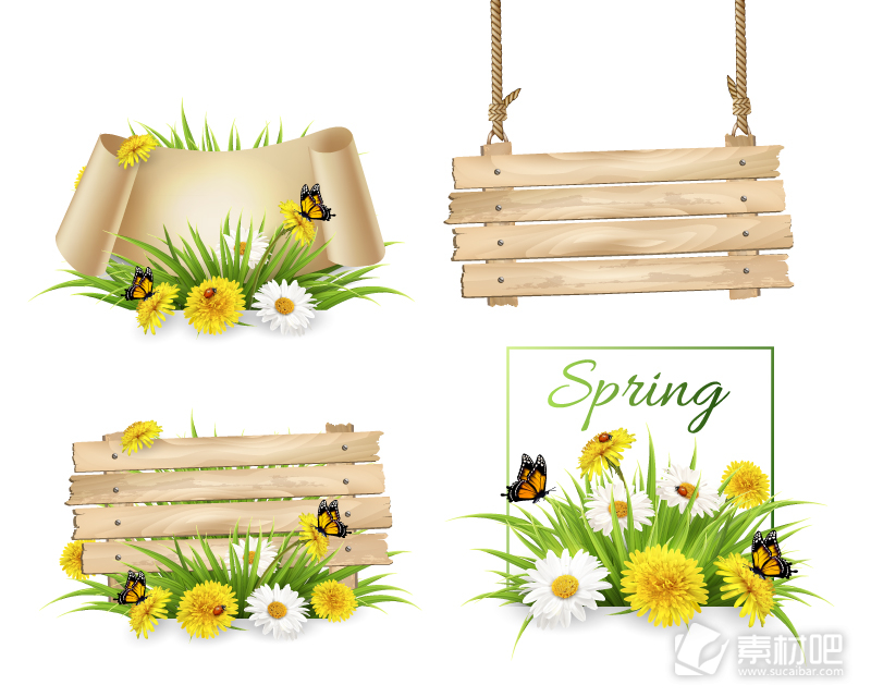 4款春季花卉与蝴蝶装饰木牌矢量图