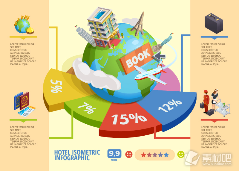 创意环球旅行立体酒店信息图矢量素材