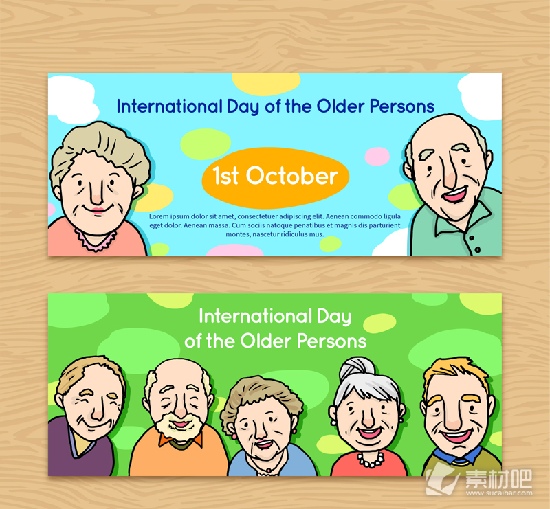 2款彩绘老人国际老年人日banner矢量图