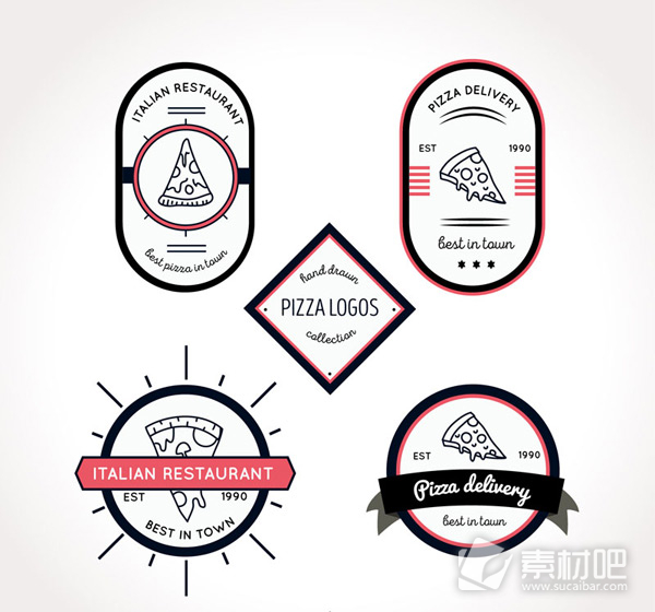 5款意大利披萨餐馆标签图矢量图片