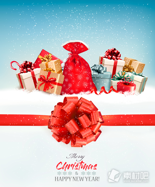圣诞礼品盒和红色蝴蝶结矢量素材