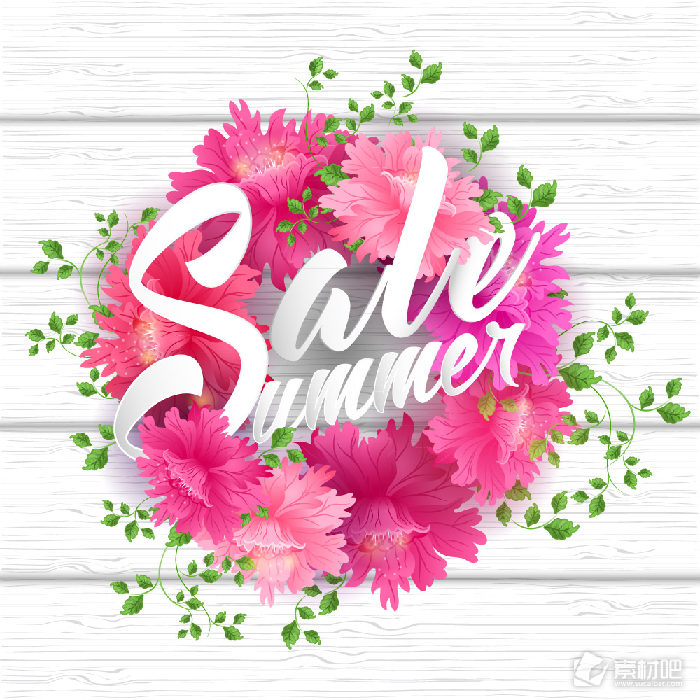 粉色花卉花环和夏季促销艺术字矢量素材