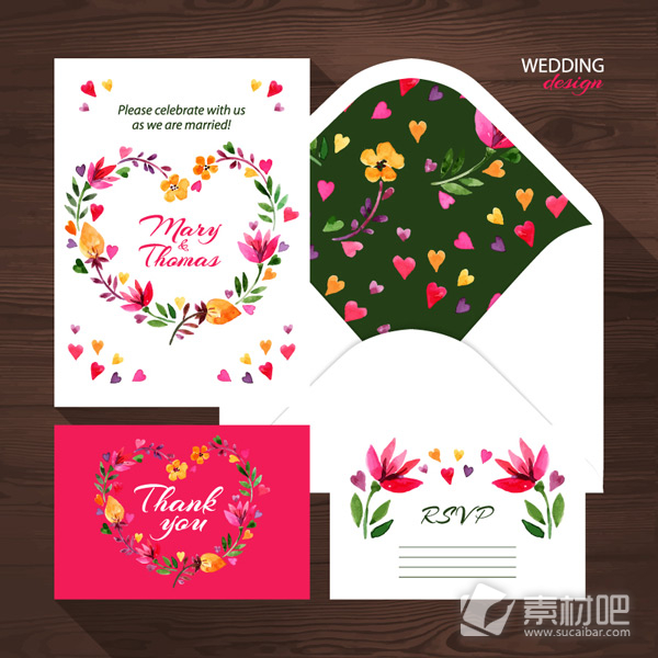 4款精美花卉婚礼卡片图矢量图下载