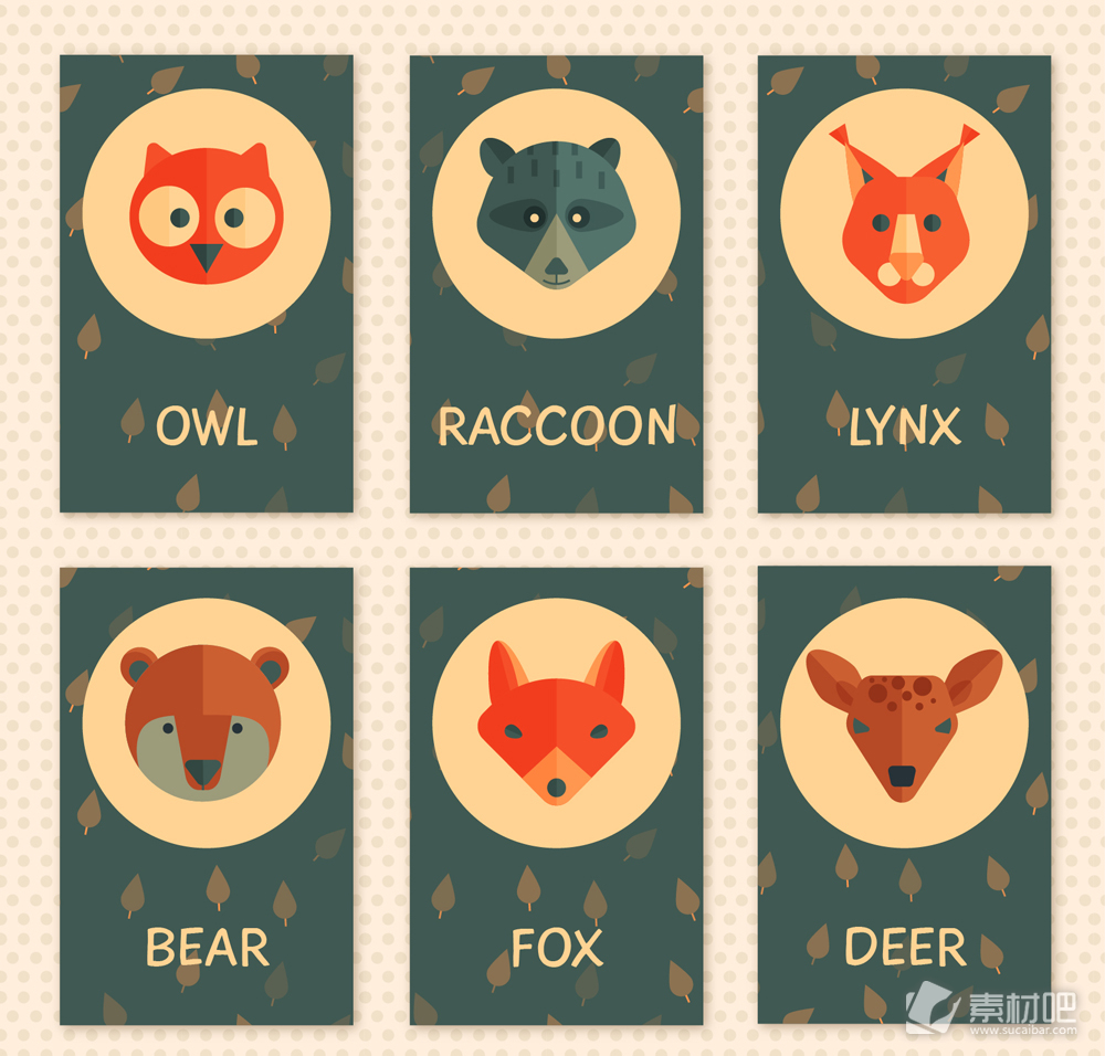 6款可爱动物头像卡片设计矢量图