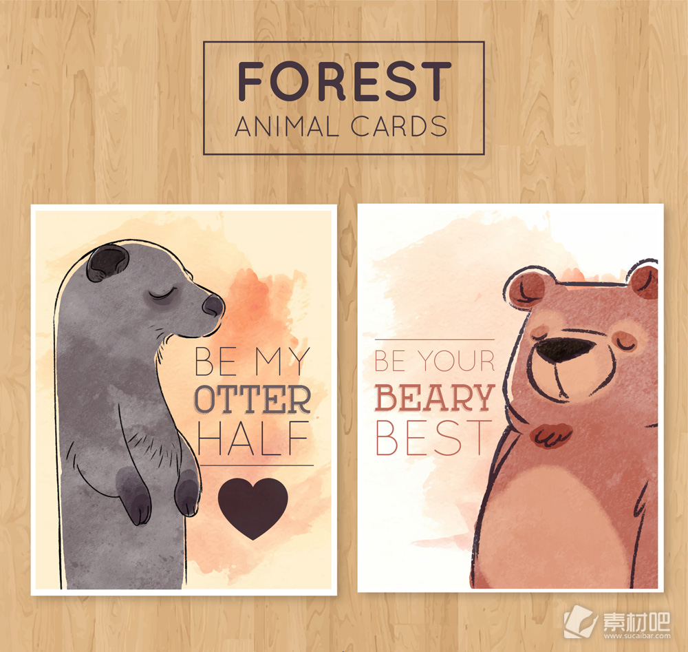 2款水彩绘动物卡片矢量素材