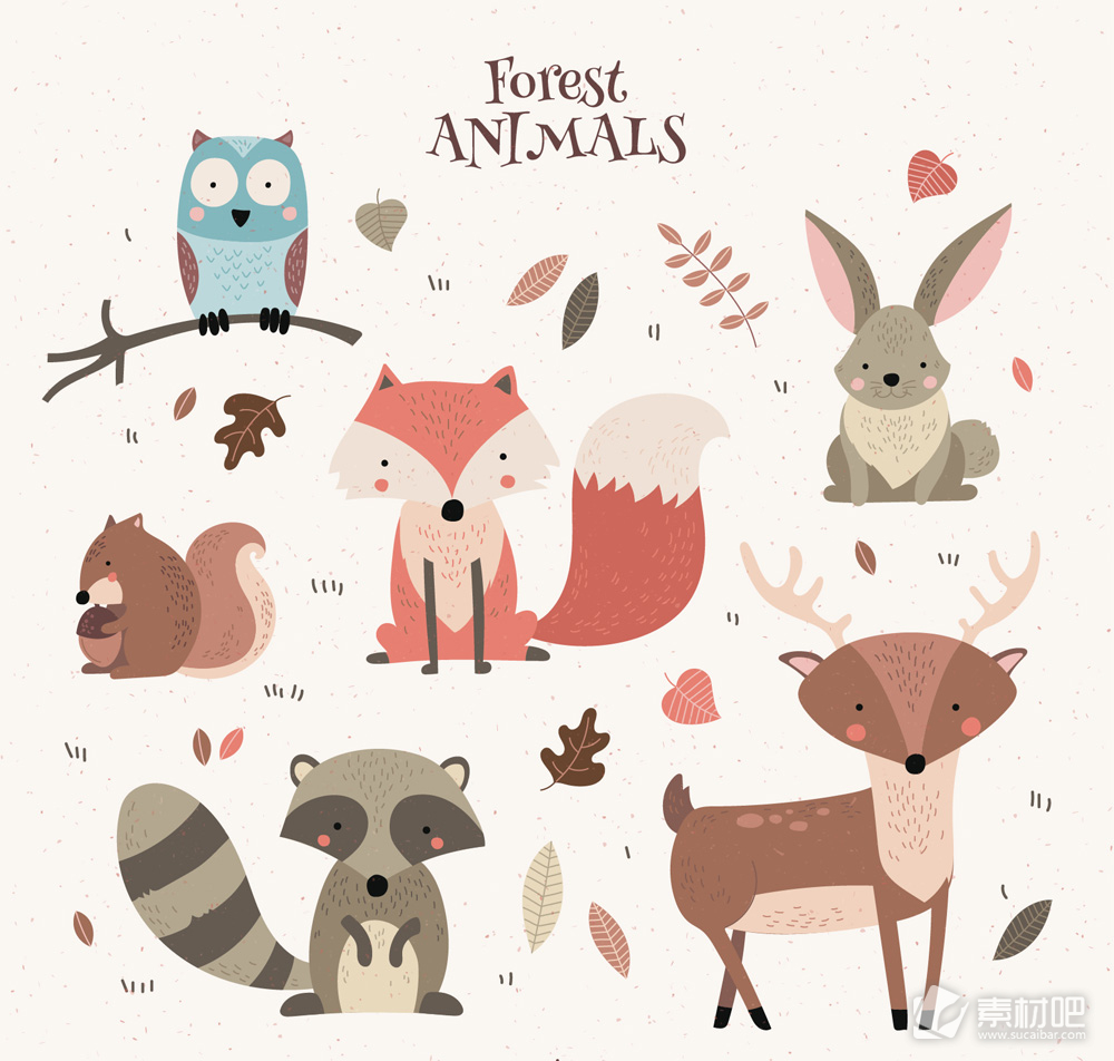 6款彩绘森林动物设计矢量图