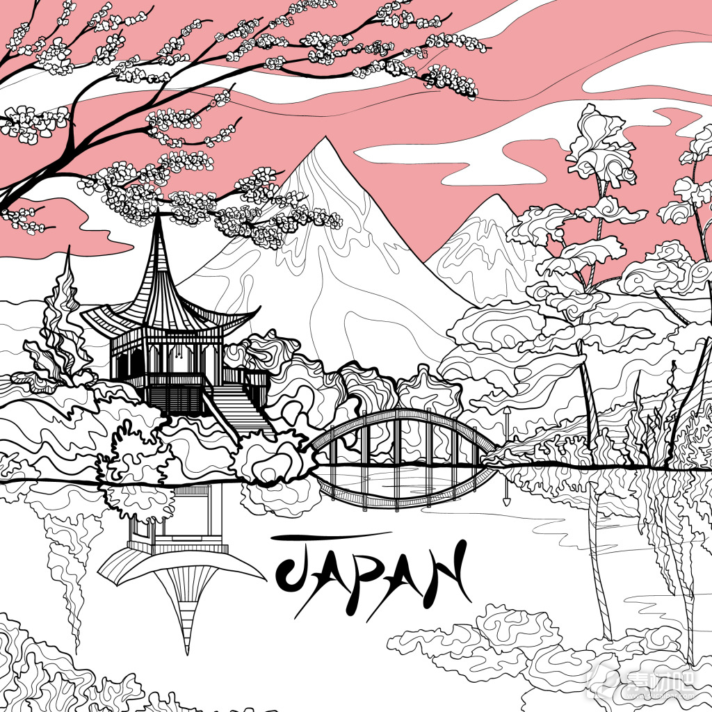 手绘美丽日本富士山风景插画
