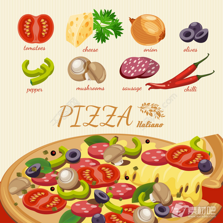 卡通美食披萨和食材插画