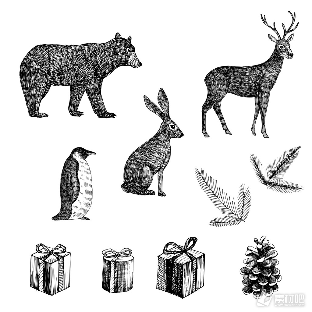 黑白圣诞节动物和礼物元素