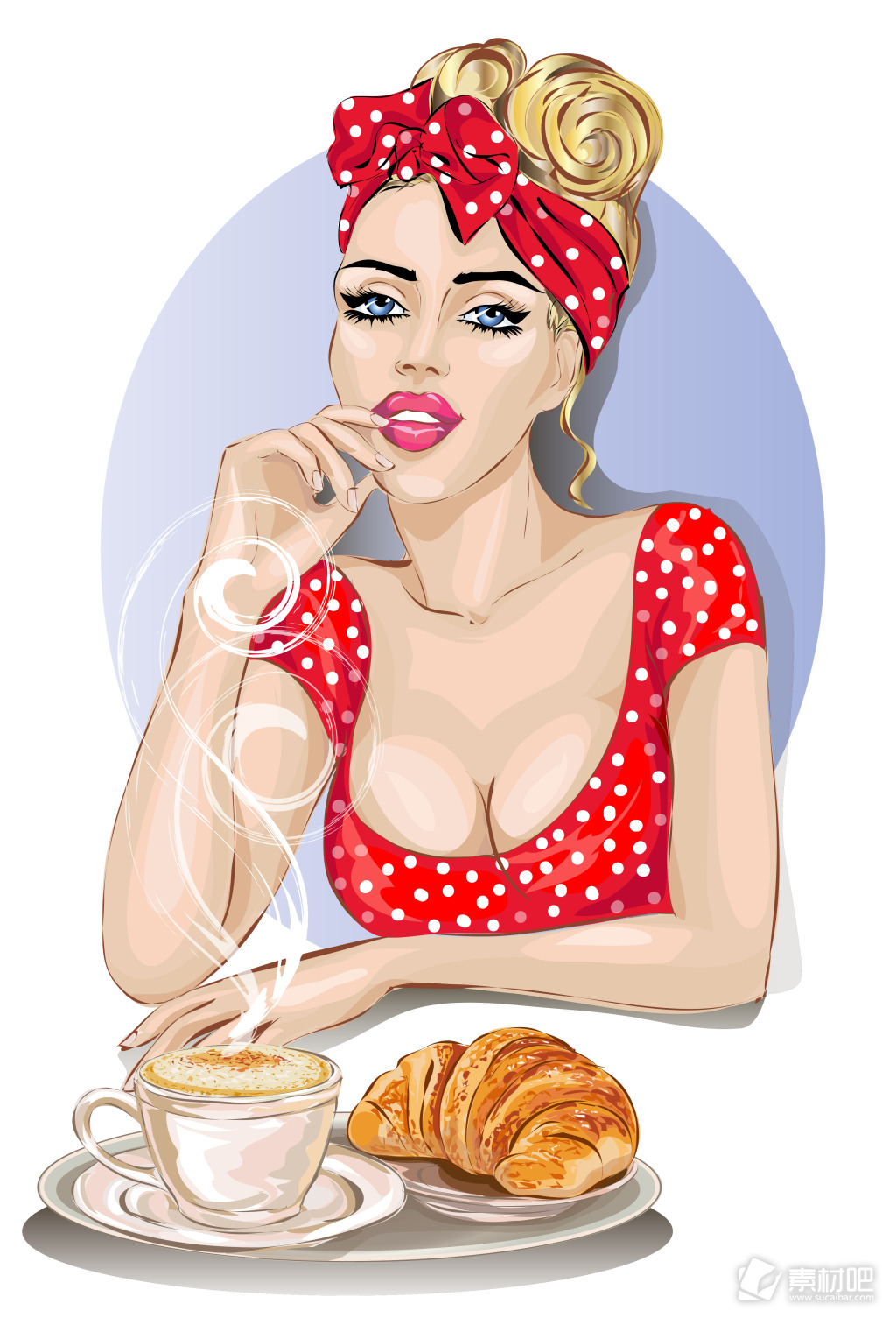 手绘吃早餐的外国女人插画