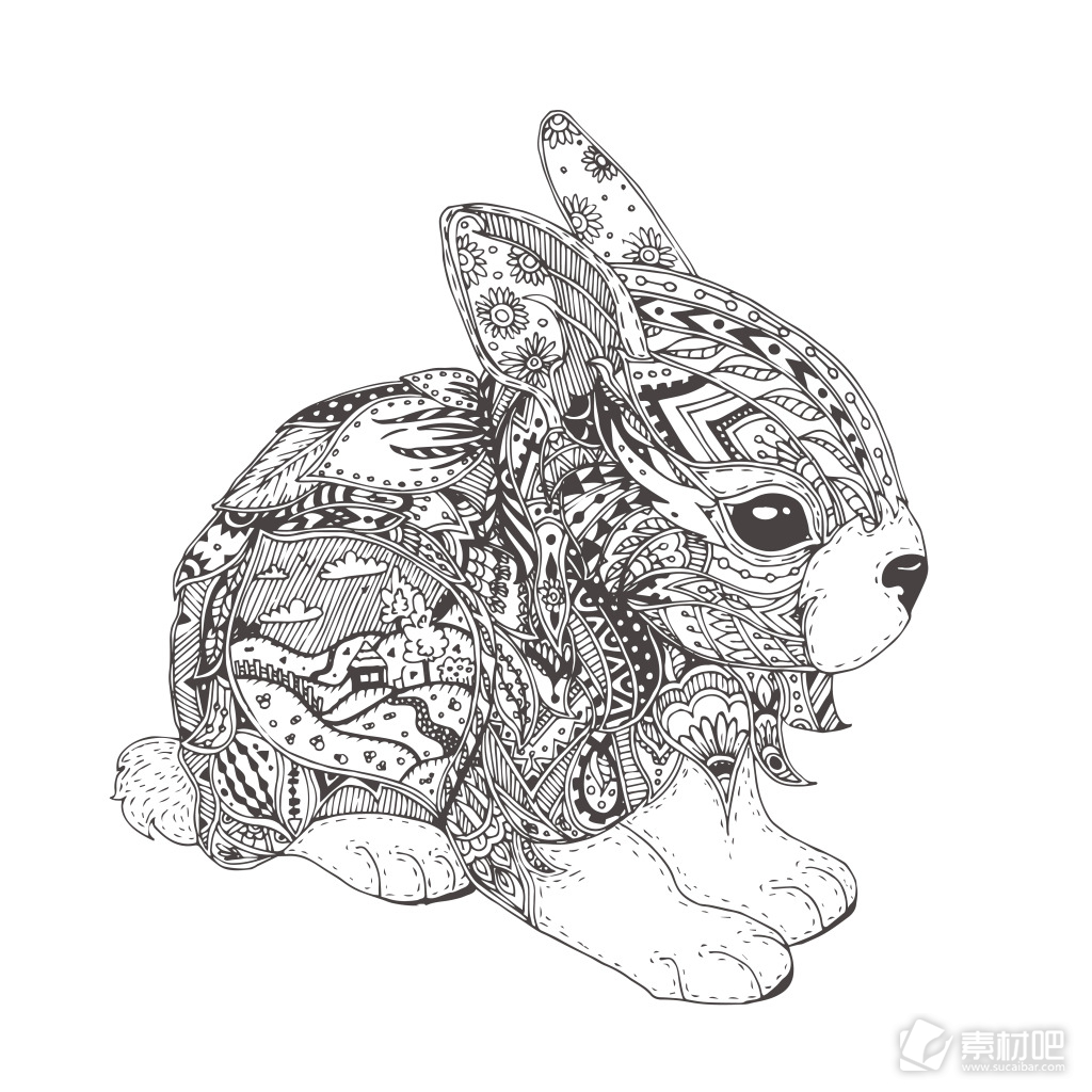 黑白可爱的小兔子插画
