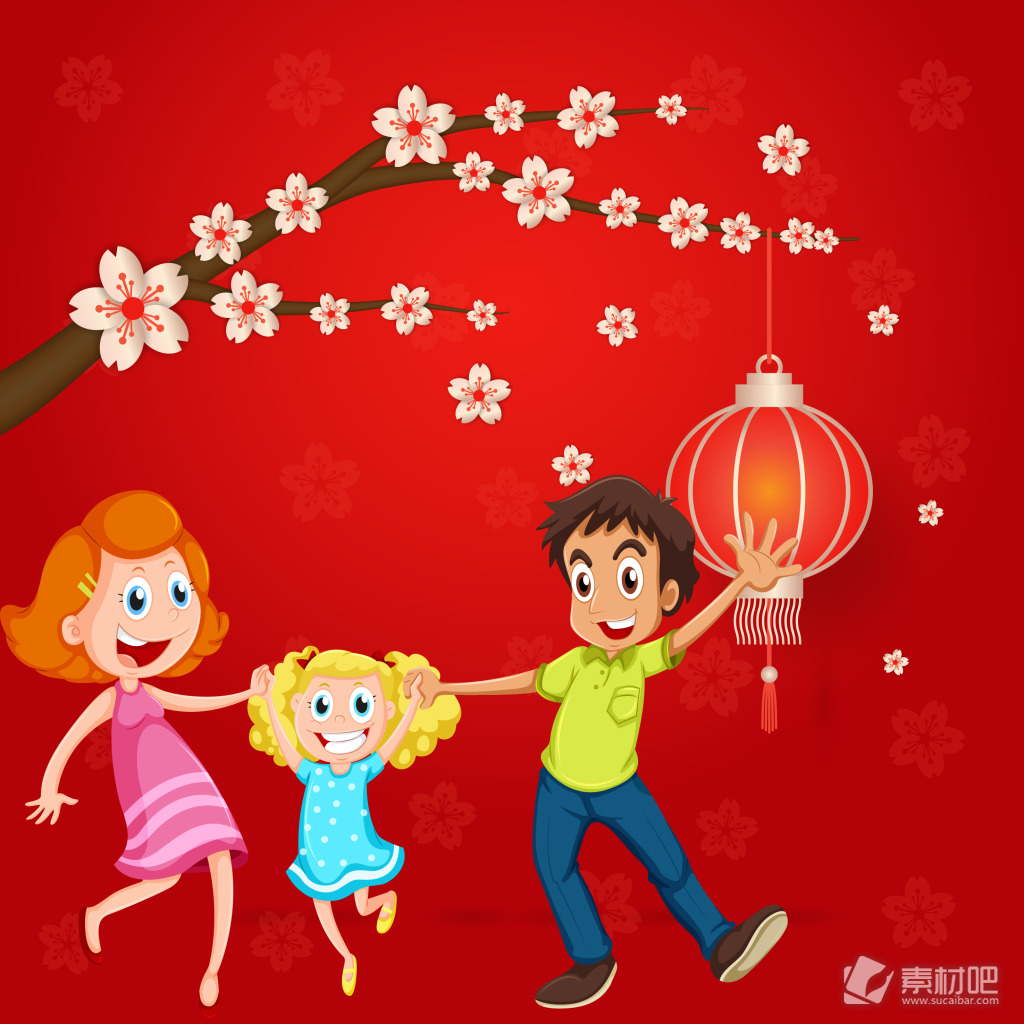 春节矢量手绘梅花一家人幸福家庭灯笼海报