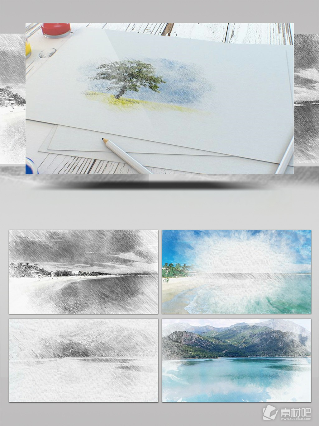 中国风铅笔描绘水彩图片展示AE模板