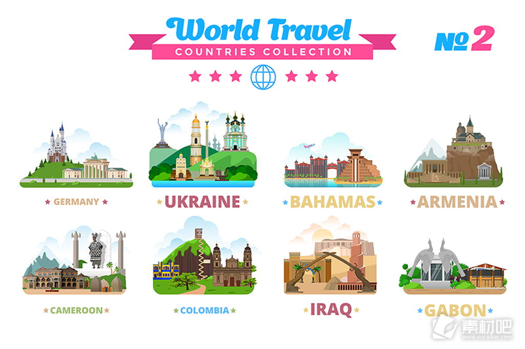 世界旅行的标志性建筑图标集