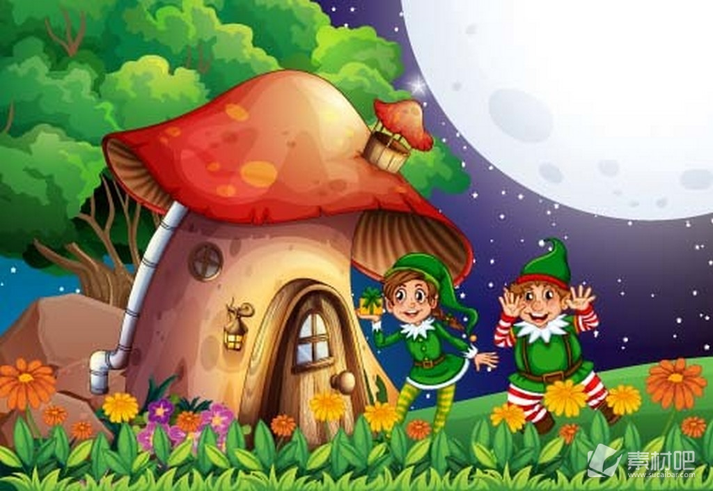 童话世界里的蘑菇房子矢量图